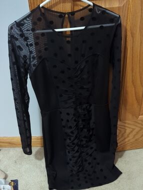 Guess Black Polka Dot Mesh Ruched Long Sleeve Dress